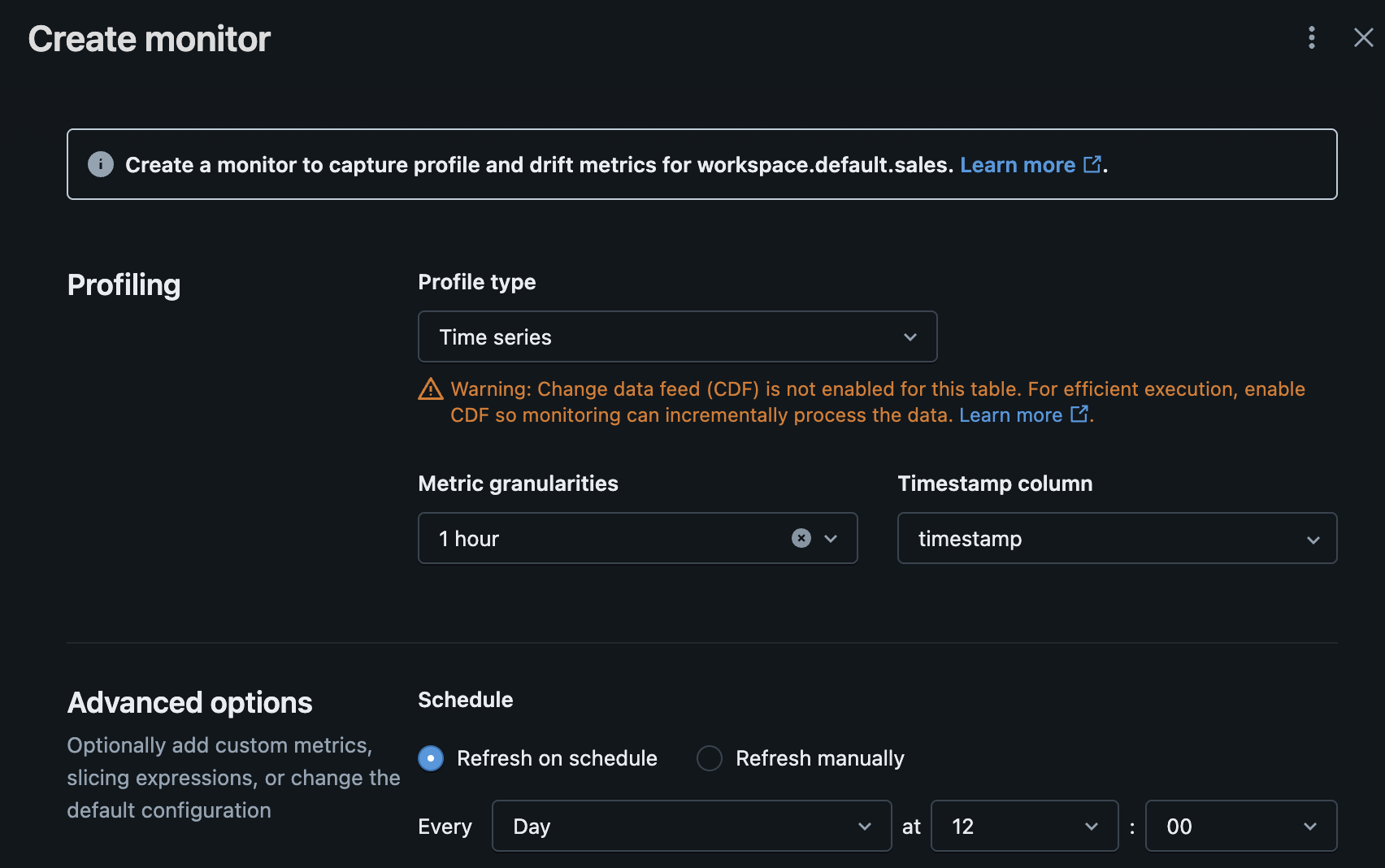 Screenshot of Unity Catalog Explorer page to create the Lakehouse Monitoring
